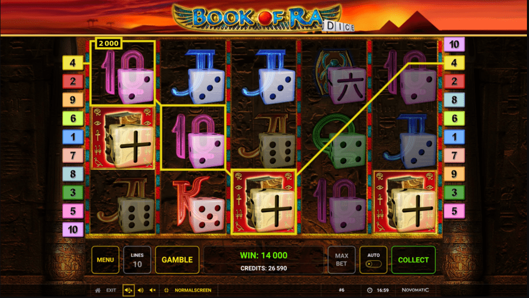 Symbols and payout chart for Book of Ra Dice